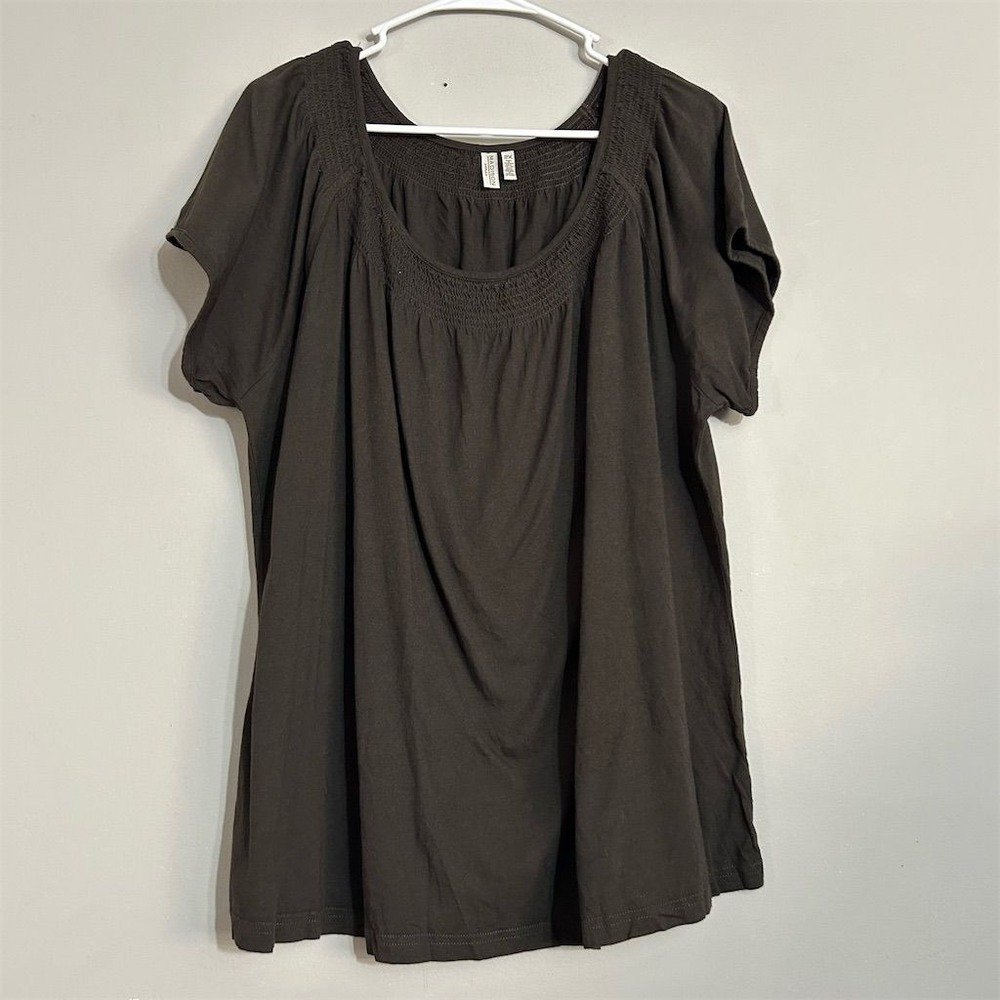 Madison Women's Plus 2XL Brown Boho Smocked Neck Short Sleeve Blouse